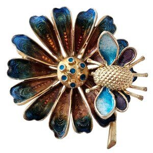 Vintage Articulated Bug On Flower Brooch 800 Siler Blue Enamel Pin